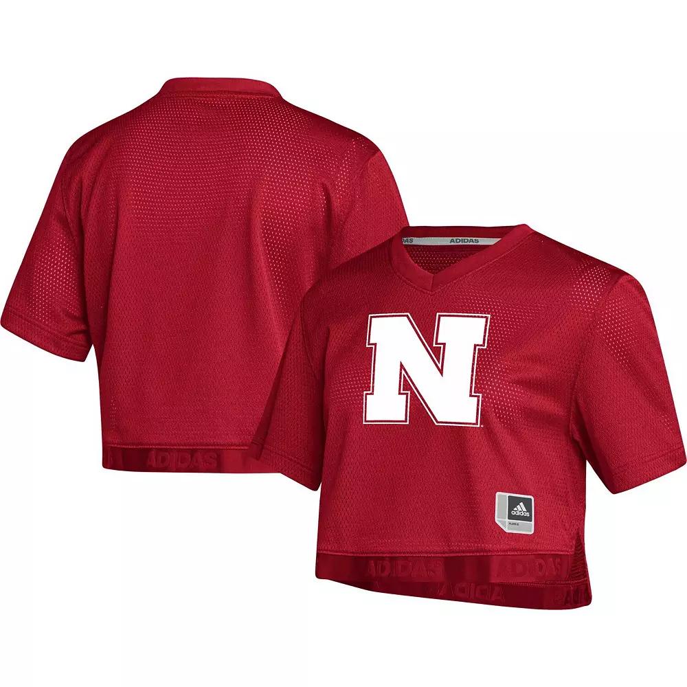 Women's adidas Red Nebraska Huskers Primegreen V-Neck Cropped Jersey, Size: Large Product Image