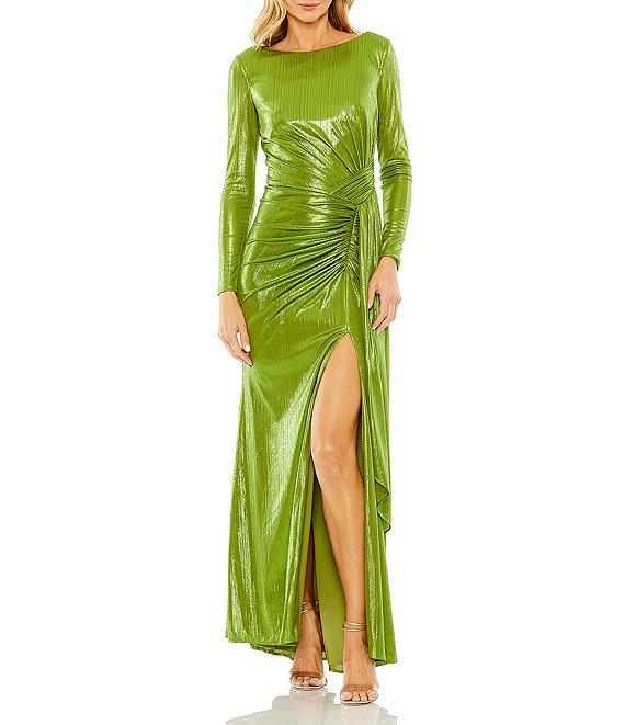 Mac Duggal Metallic Scoop Neckline Long Sleeve Ruched Bodice Gown Product Image