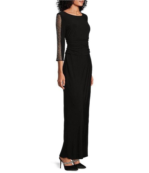 Ignite Evenings Petite Size Boat Neck 3/4 Embellished Sleeve Ruched Waist Sheath Dress Product Image