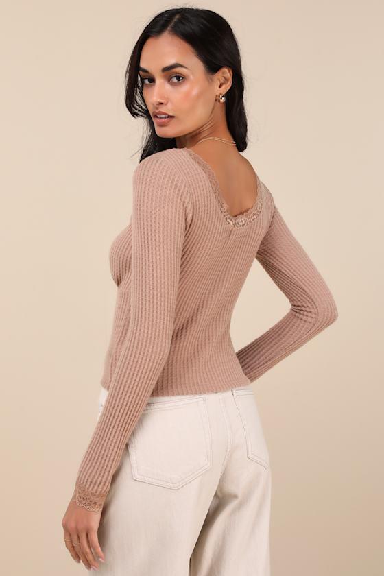 Effortless Pick Tan Lace Waffle Knit Long Sleeve Top Product Image