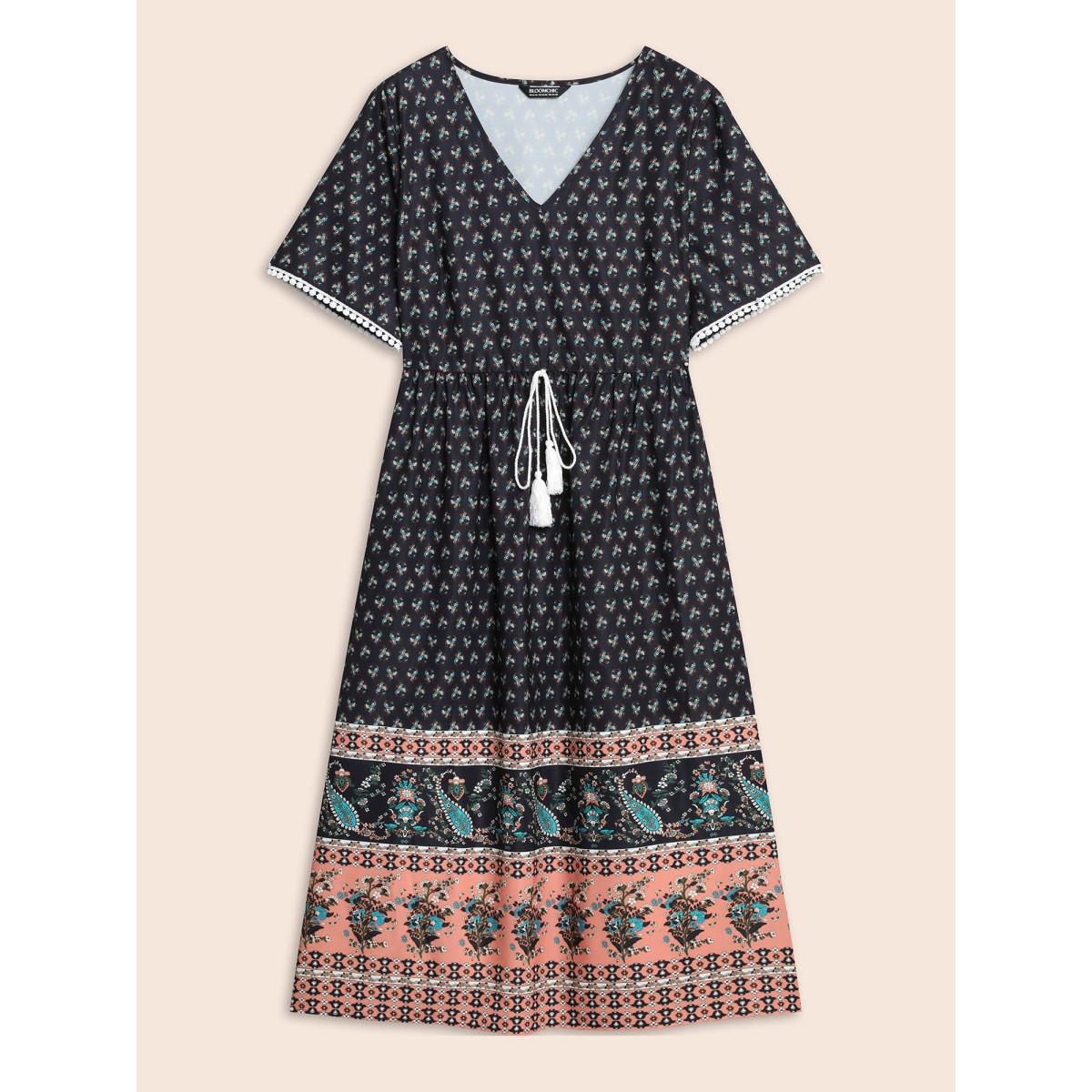 Plus Size Boho Print Tassel-Tie Pockets Midi Dress DarkBlue Women Resort Woven ribbon&lace trim V-neck Short sleeve Curvy BloomChic 18-20/2X Product Image