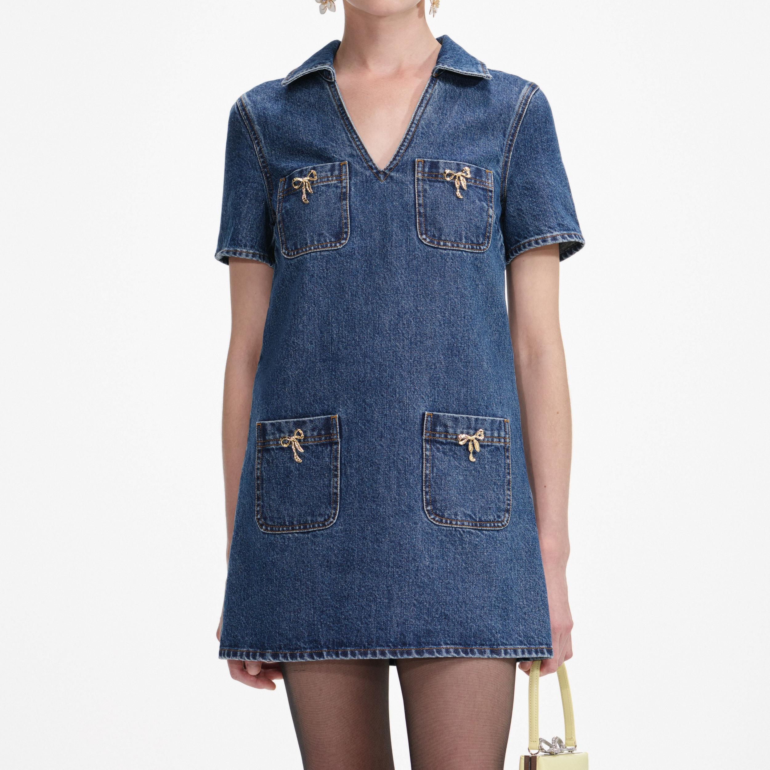 Denim Crystal Bow Mini Dress Product Image