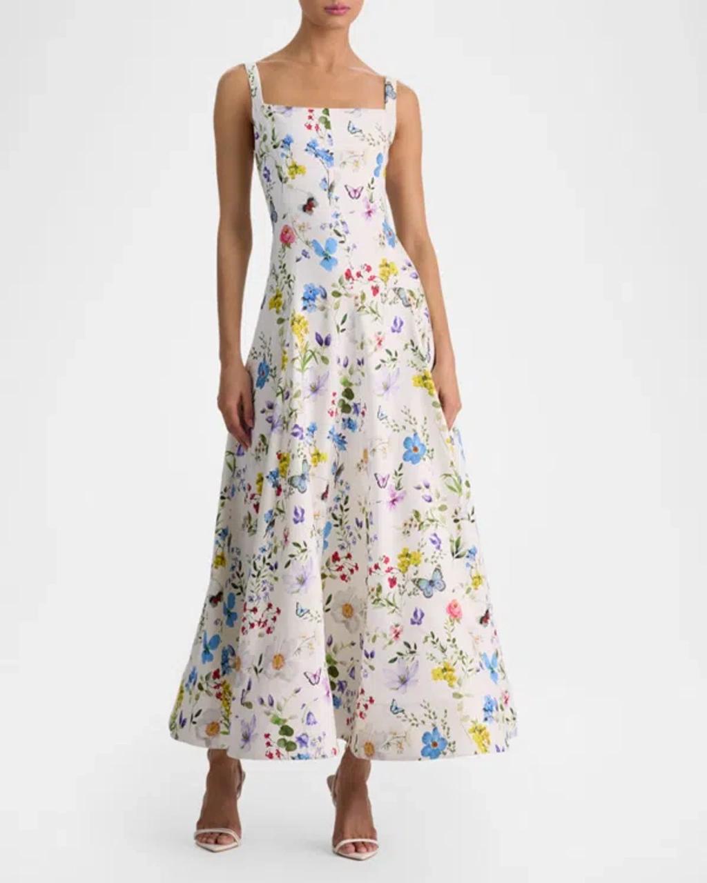 ALICE AND OLIVIA Polly Seamed Drop Waist Flared Ankle Length Dress In White Product Image