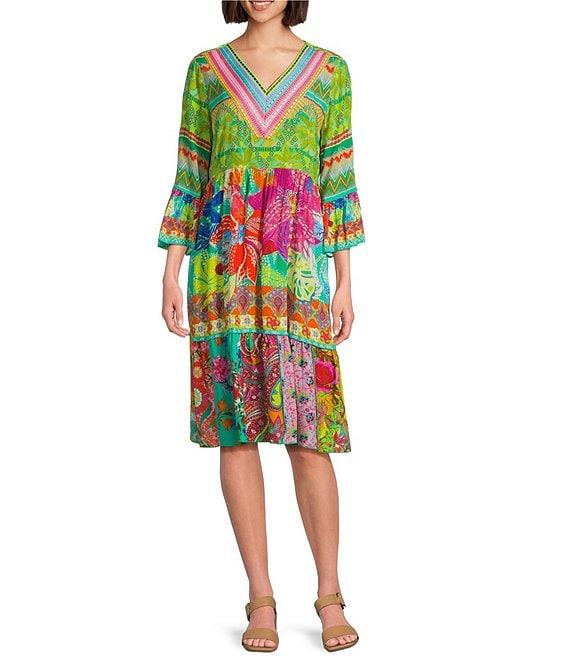 John Mark Tiered Floral Multi Print V-Neck 3/4 Flounce Sleeve A-Line Dress Product Image