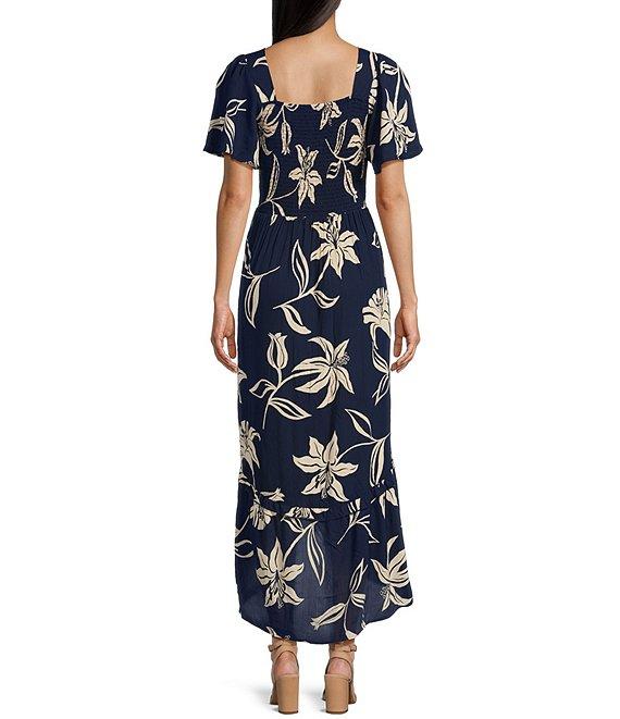 Angie Floral Print V-Neck Short Sleeve Knot Front Keyhole Front Slit Maxi Dress Product Image