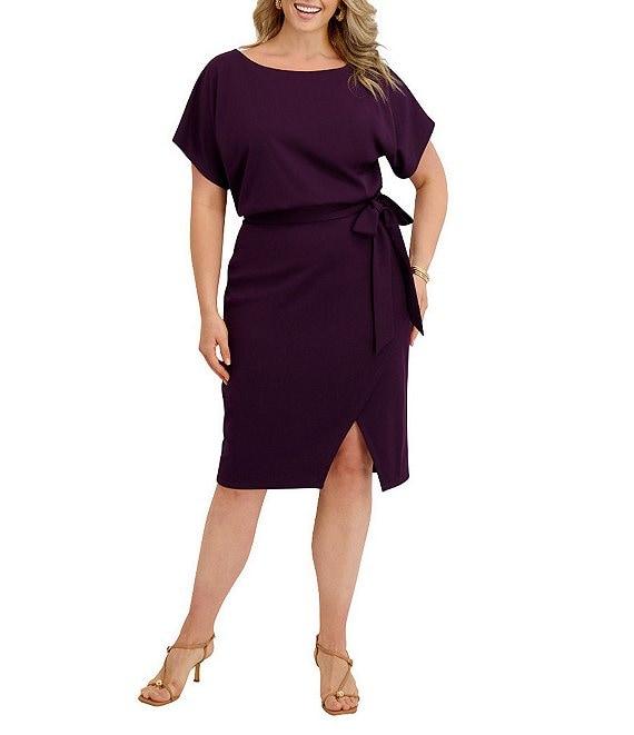 Kensie Plus Size Crepe Scuba Short Sleeve Bow Detail Knee Length Dress Product Image