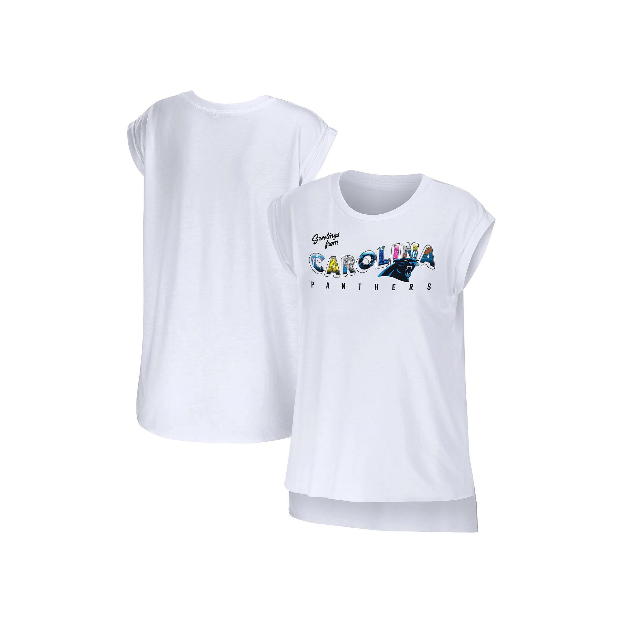 Women's WEAR by Erin Andrews White Carolina Panthers Greetings From Muscle T-Shirt, Size: Small Product Image