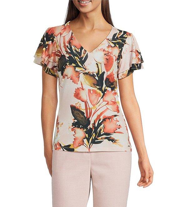 Calvin Klein Floral V-Neck Short Flutter Sleeve Top Product Image