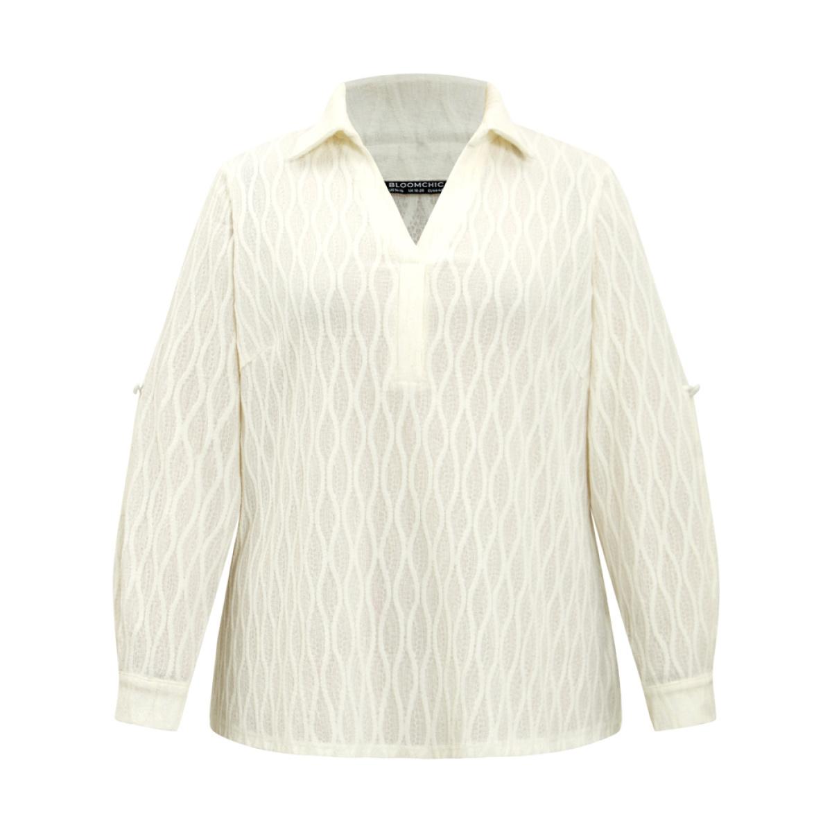 Plus Size Ivory Plain Shirt Collar Tab Sleeve Jacquard Blouse Women Casual Long Sleeve Shirt collar Office Blouses BloomChic 12/L Product Image