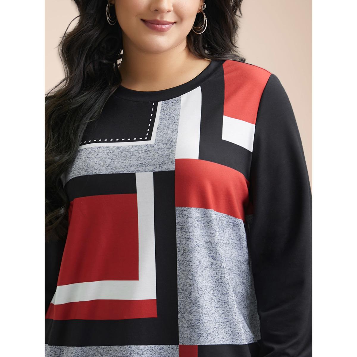 Plus Size Geometric Print Round Neck Fitted Sweatshirt Women Multicolor Casual Contrast Round Neck Everyday Sweatshirts BloomChic 14-16/1X Product Image