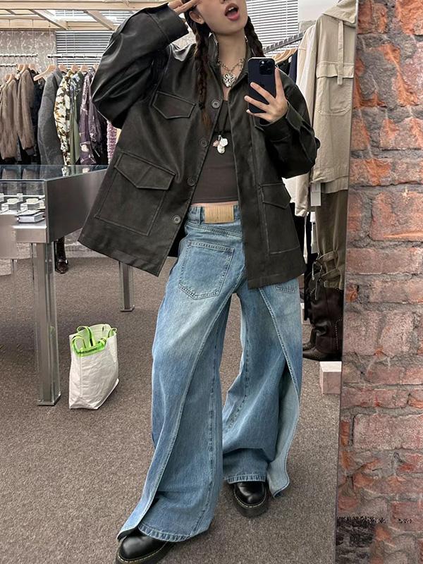 False Two Wide Leg Pockets Reversible Jean Pants Bottoms Product Image