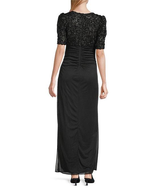Alex Evenings Petite Size Lace Soutache Bodice V-Neck Short Sleeve Cascade Ruffle Empire Waist Dress Product Image