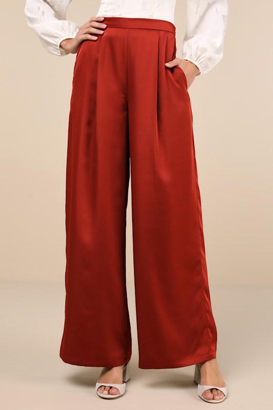 Stunning Chicness Rust Red Satin High-Rise Wide-Leg Pants Product Image