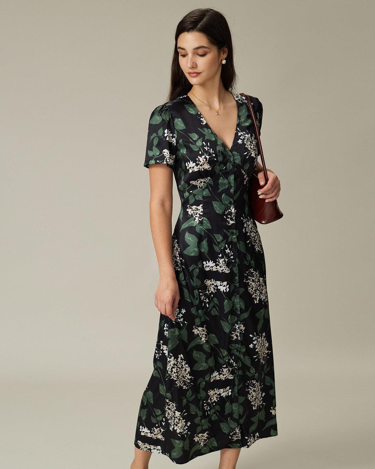 Black V Neck Floral Midi Dress Product Image