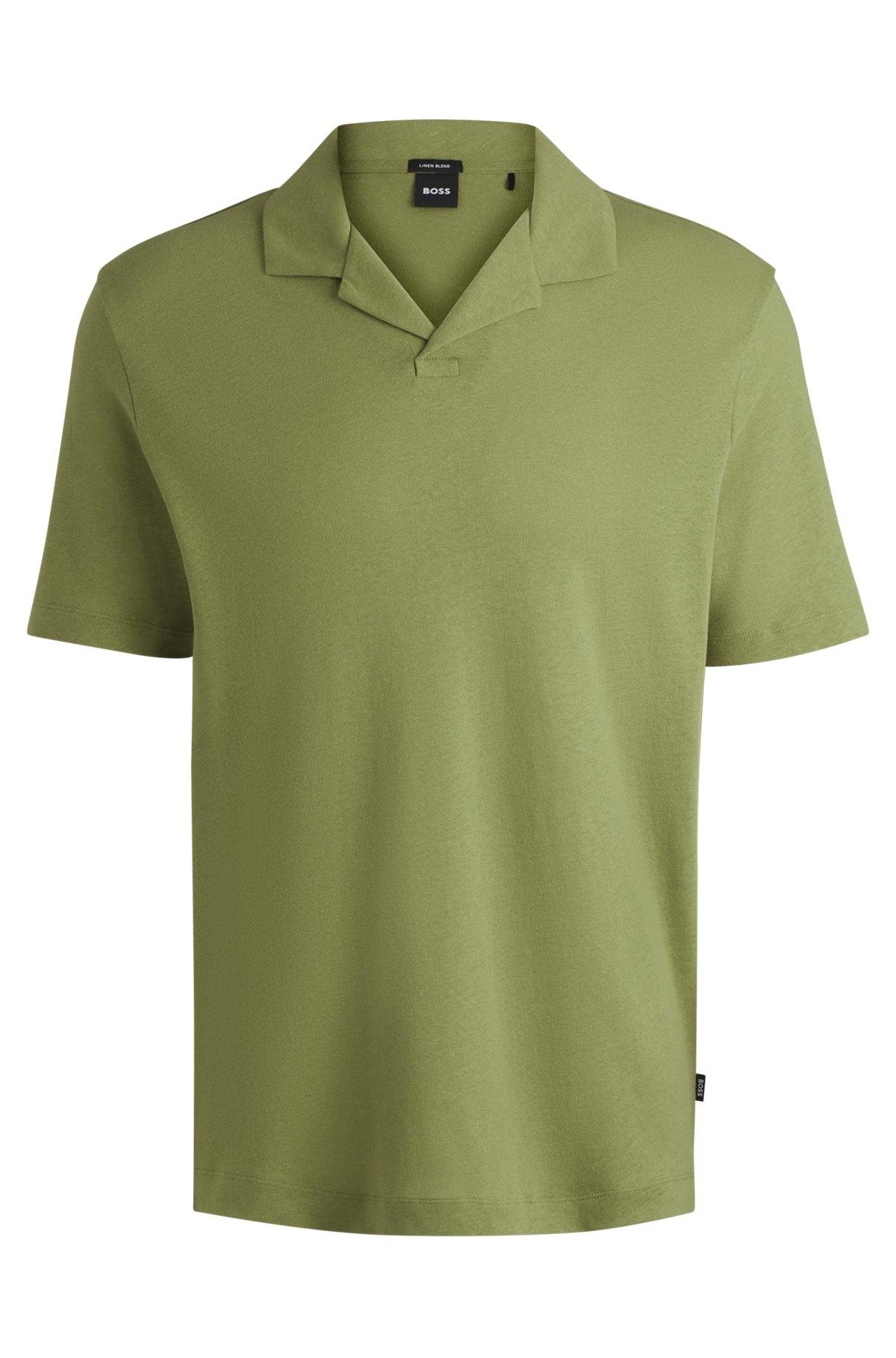 BOSS - Cotton-linen polo shirt with Johnny collar - Green Product Image