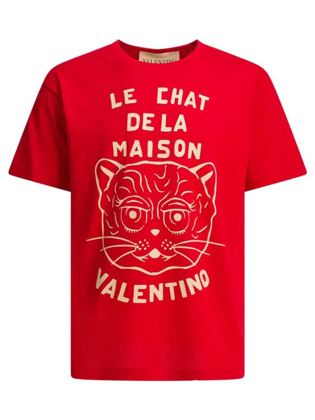 VALENTINO Graphic Print House Cat Crew Neck T-shirt In Red Product Image