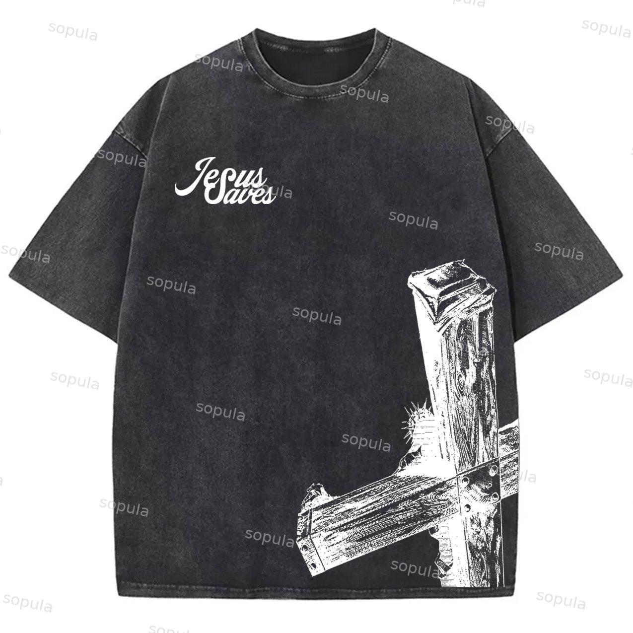 Sopula Vintage Casual Jesus Saves Graphic Acid Washed T-Shirt Product Image