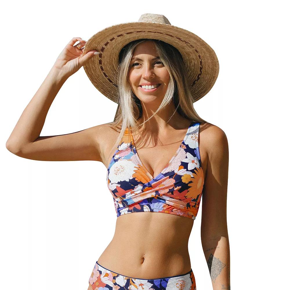 Women's Cupshe Wrap-Front Lace Back Swim Bralette, Size: Large, Blue Geo Floral Product Image