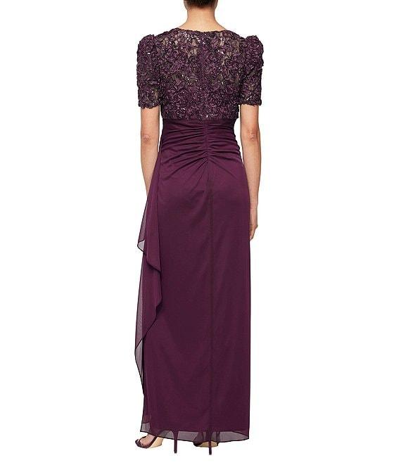 Alex Evenings Petite Size Lace Soutache Bodice V-Neck Short Sleeve Cascade Ruffle Empire Waist Dress Product Image