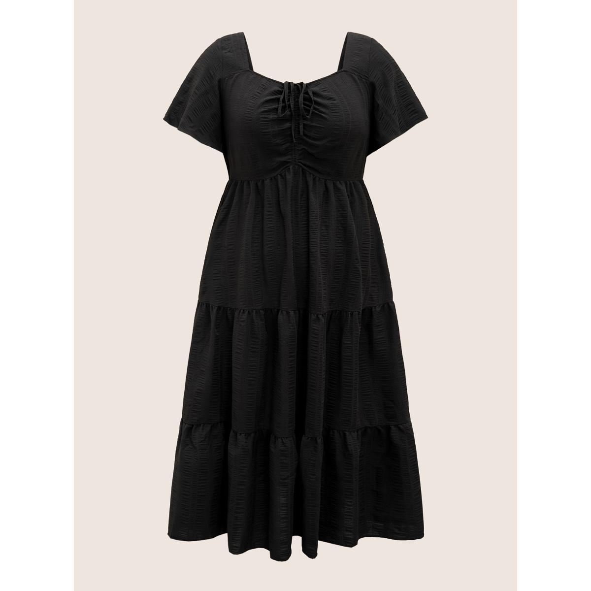 Plus Size Plain Ruched Drawstring Pocket Ruffle Tiered Dress Black Women Elegant Non V-neck Short sleeve Curvy Midi Dress BloomChic 22-24/3X Product Image