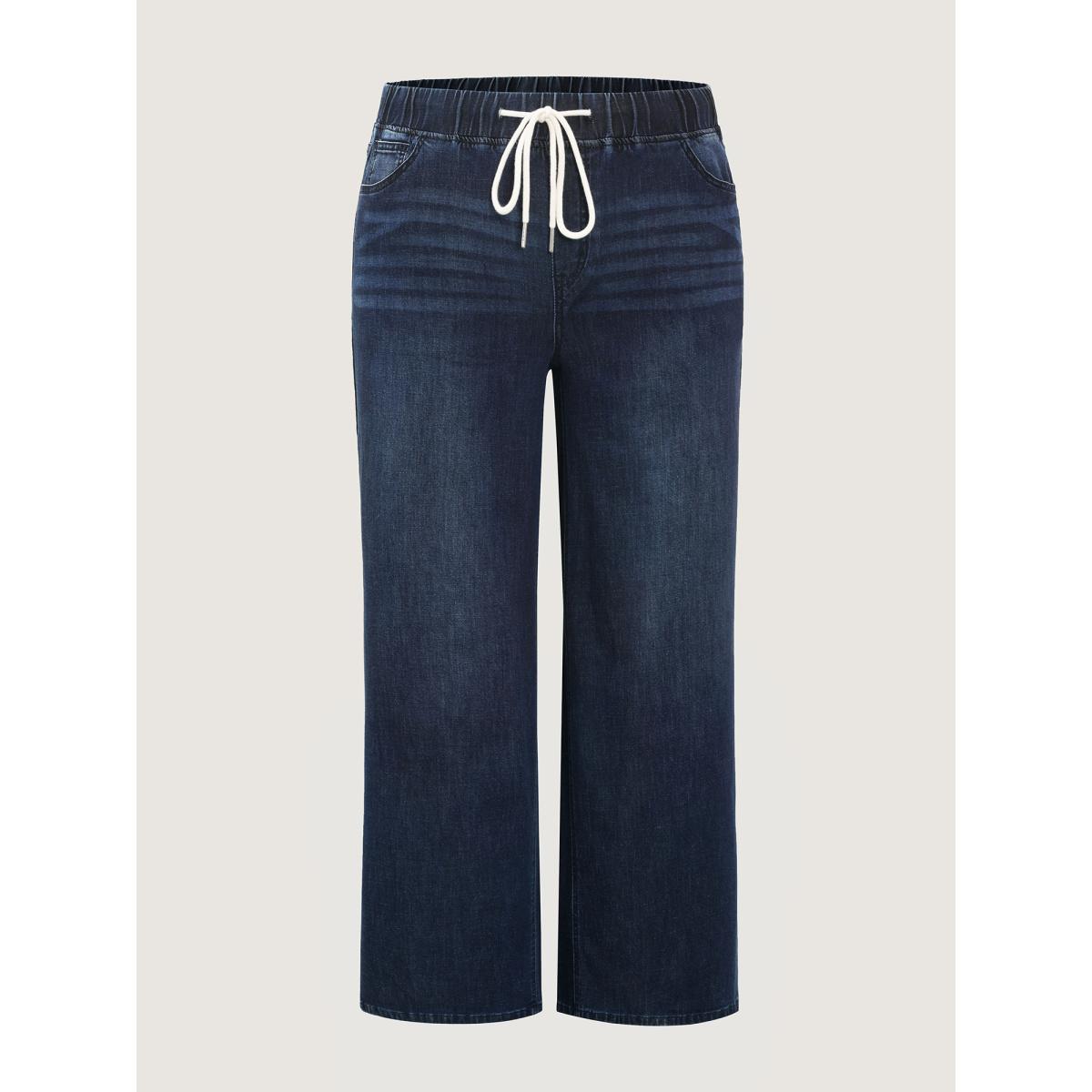 Plus Size Easy Pull-On Stretchy Wide-Leg Jeans Women Midblue Leisure Medium stretch Slanted pocket Jeans BloomChic 20/2X Product Image