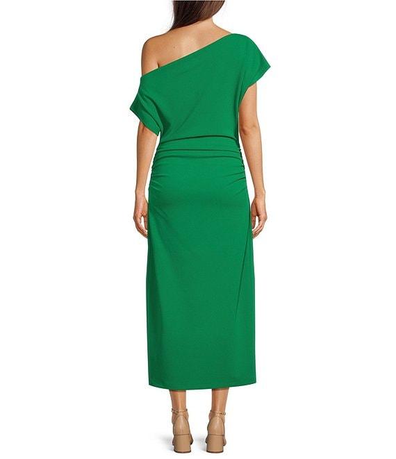 Gibson & Latimer Crepe Knit Asymmetric Neck One Shoulder Off-the-Shoulder Short Sleeve Ruched Sheath Midi Dress Product Image