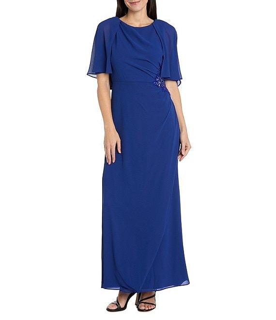 R & M Richards Crew Neck Short Flutter Sleeve Beaded Waist Flower Detail Sheath Dress Product Image