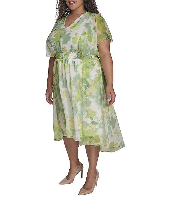 DKNY by Donna Karan Plus Size V-Neck Short Flutter Sleeve Smocked A-Line Midi Dress Product Image