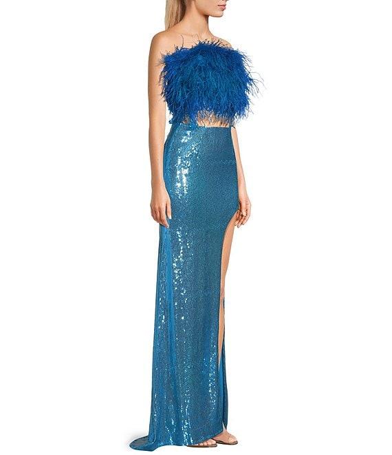Dear Moon Faux Feather Strapless Sequin Embellished Long Two-Piece Dress Product Image