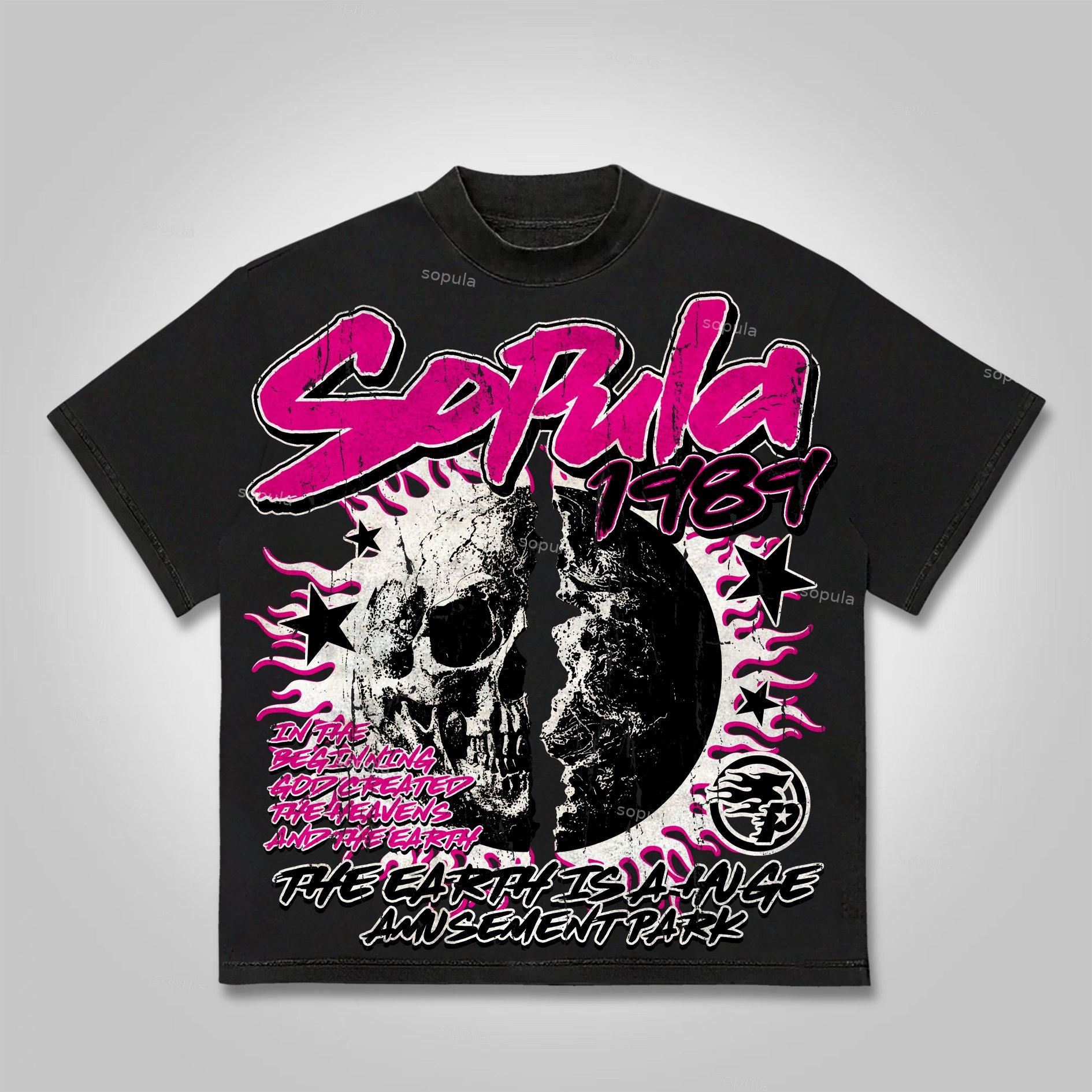 Sopula Street Retro Flame Skeleton Earth Print Cotton T-Shirt Product Image