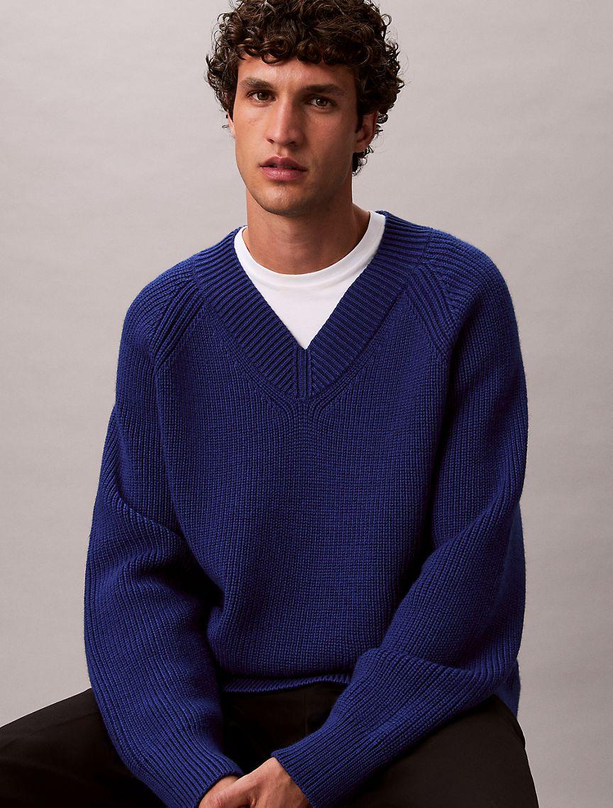 Merino Wool Blend Relaxed V-Neck Sweater Product Image