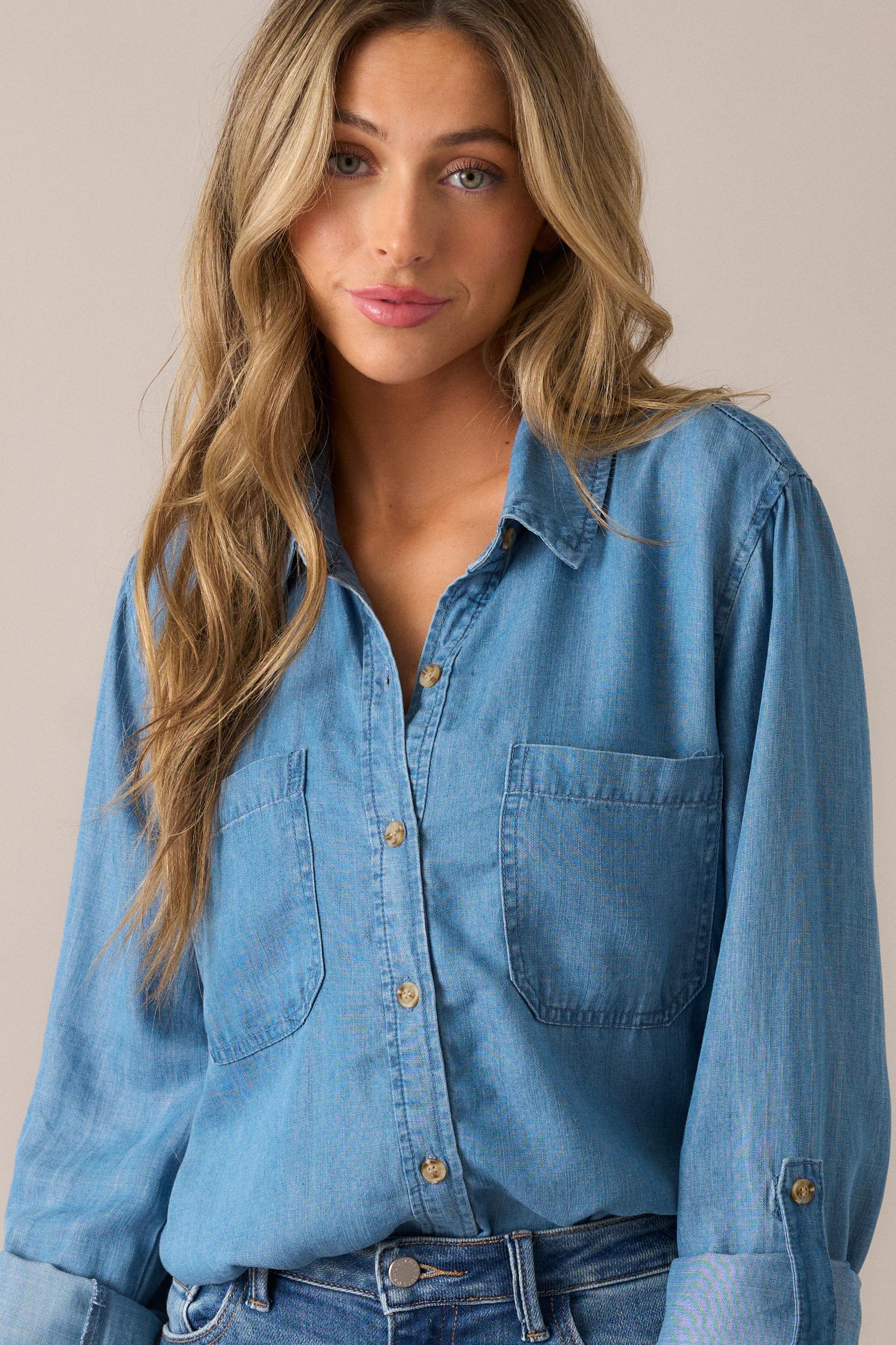 Weekend Wandering Chambray Button Front Blouse Product Image