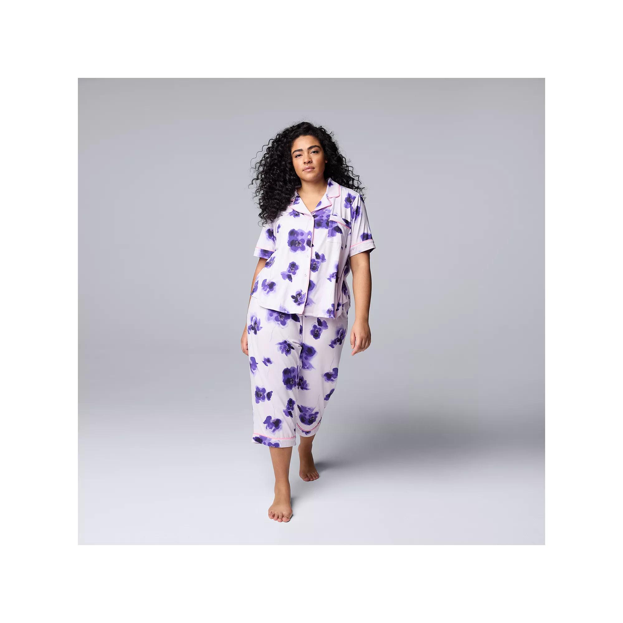 Plus Size Simply Vera Vera Wang Cozy Short Sleeve Notch Collar Pajama Top & Capri Pajama Pants Set, Women's, Size: 3XL, Purple Floral Product Image