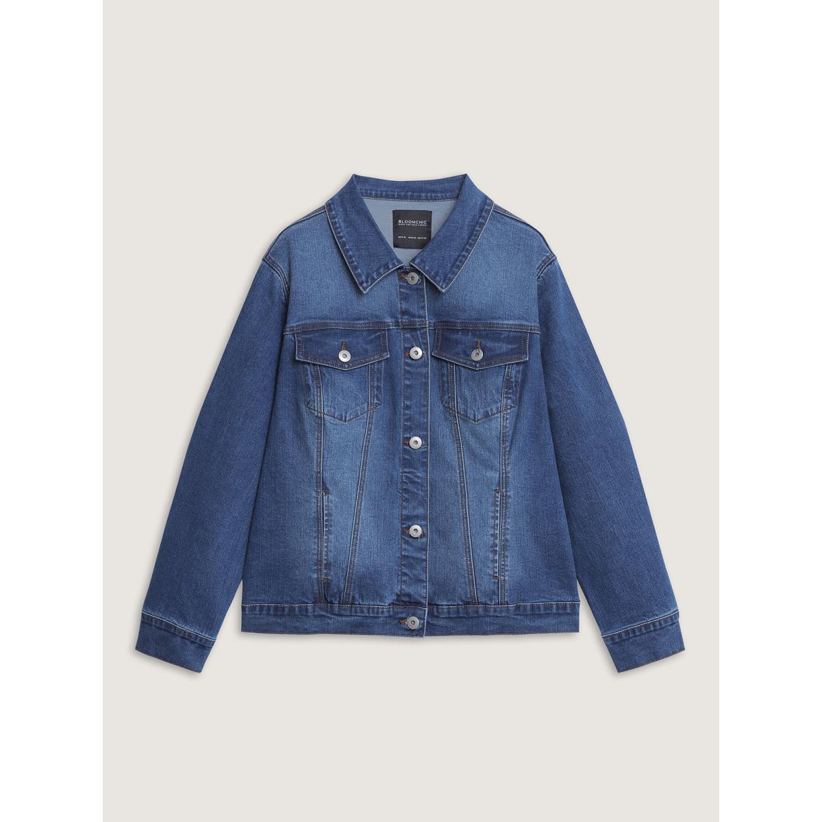 Women Seamed Chest Pockets Button Denim Jacket Midblue Plus Size Pocket Casual Side seam pocket Leisure Denim Jackets BloomChic 18-20/2X Product Image