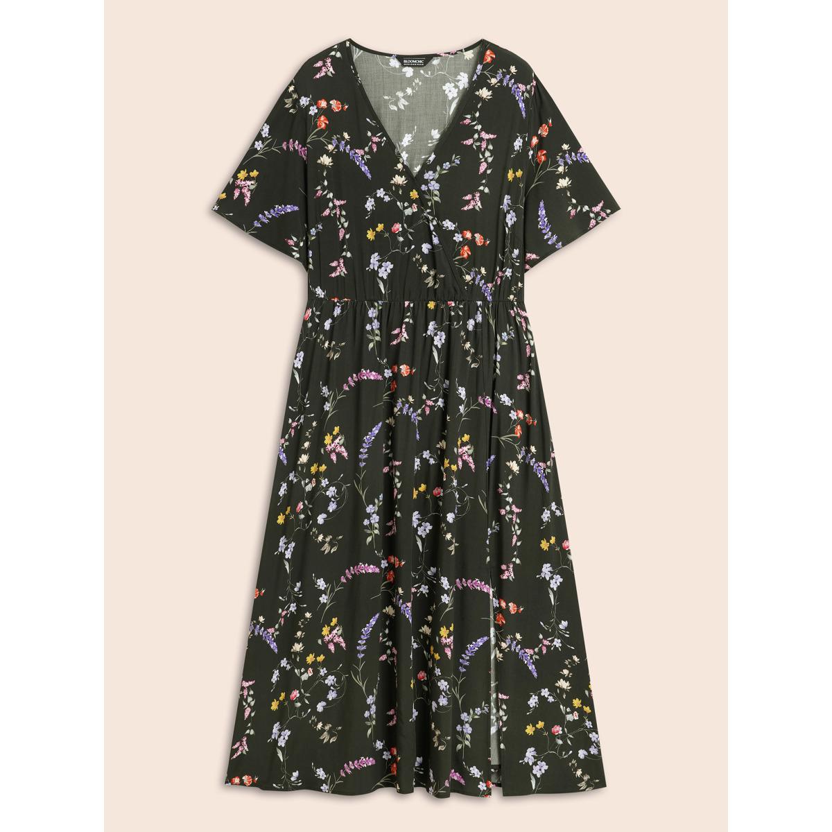 Plus Size Floral Wrap Ruffle Sleeve Dress DarkGreen Women Elegant Slit Overlap Collar Short sleeve Curvy BloomChic 12/L Product Image