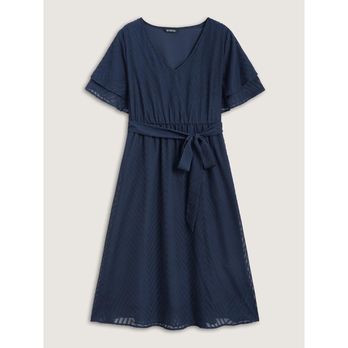 Plus Size Texture Tiered Ruffle Sleeve See Through Dress Navy Women Romantic Texture V-neck Half Sleeve Curvy BloomChic 28/5X Product Image