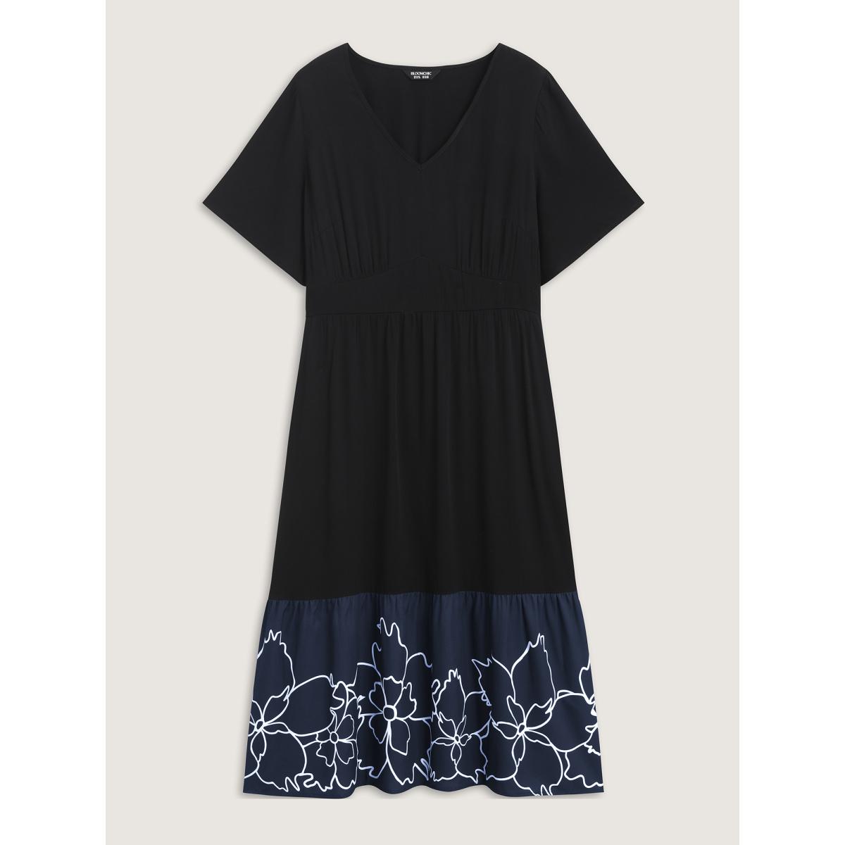 Plus Size Rayon Floral Hem Cinched-Waist Midi Dress Black Women V-neck Short sleeve Curvy BloomChic 12/L Product Image