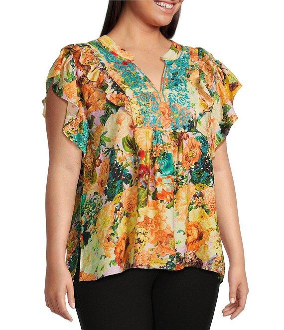 Calessa Plus Size Embroidered Vintage Floral Print Split V-Neck Ruffled Cap Sleeve Tunic Product Image