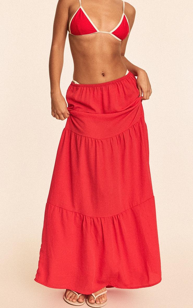 Red Linen Look Tiered Maxi Beach Skirt Product Image
