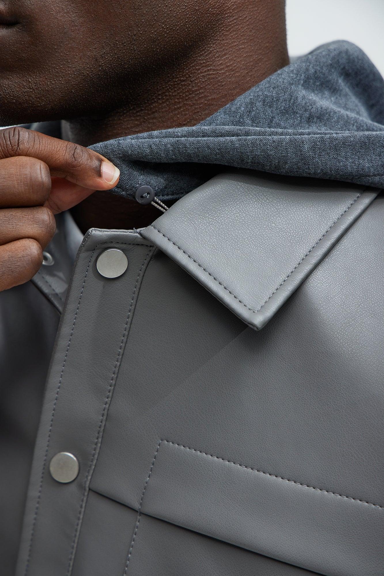Never Love U More Faux Leather Hooded Jacket - Grey Product Image