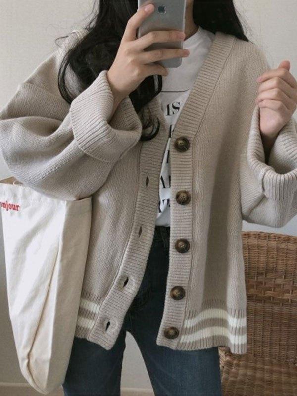 Button Down Striped Knit Cardigan Product Image