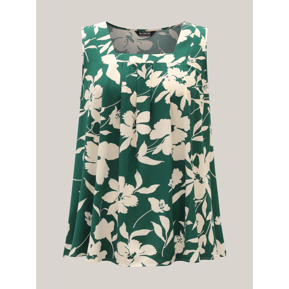 Plus Size Silhouette Flower Print Tank Top Women Teal Contrast Square Neck Everyday-Casual Tank Tops Camis BloomChic 26/4X Product Image
