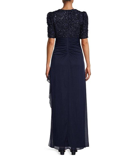 Alex Evenings Petite Size Lace Soutache Bodice V-Neck Short Sleeve Cascade Ruffle Empire Waist Dress Product Image