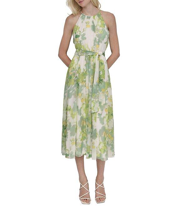 DKNY by Donna Karan Chiffon Floral Print Halter Neck Sleeveless Waist Tie Blouson Midi Dress Product Image