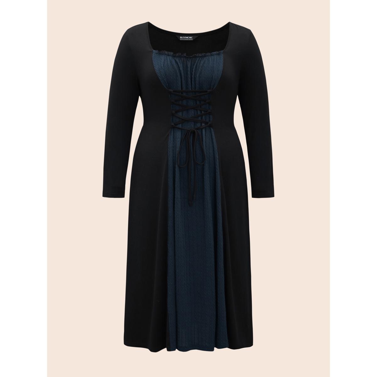 Plus Size Square Neck Textured Patchwork Crisscross Dress Indigo Women Retro Wraparound straps Square Neck Long Sleeve Curvy BloomChic 22-24/3X Product Image