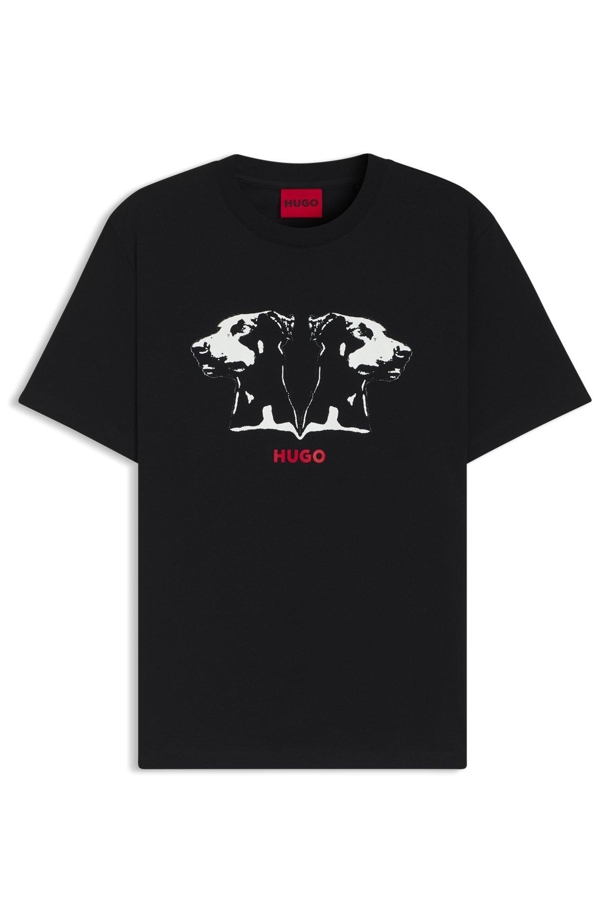 HUGO - Cotton jersey T-shirt with mixed-print logo - Black Product Image