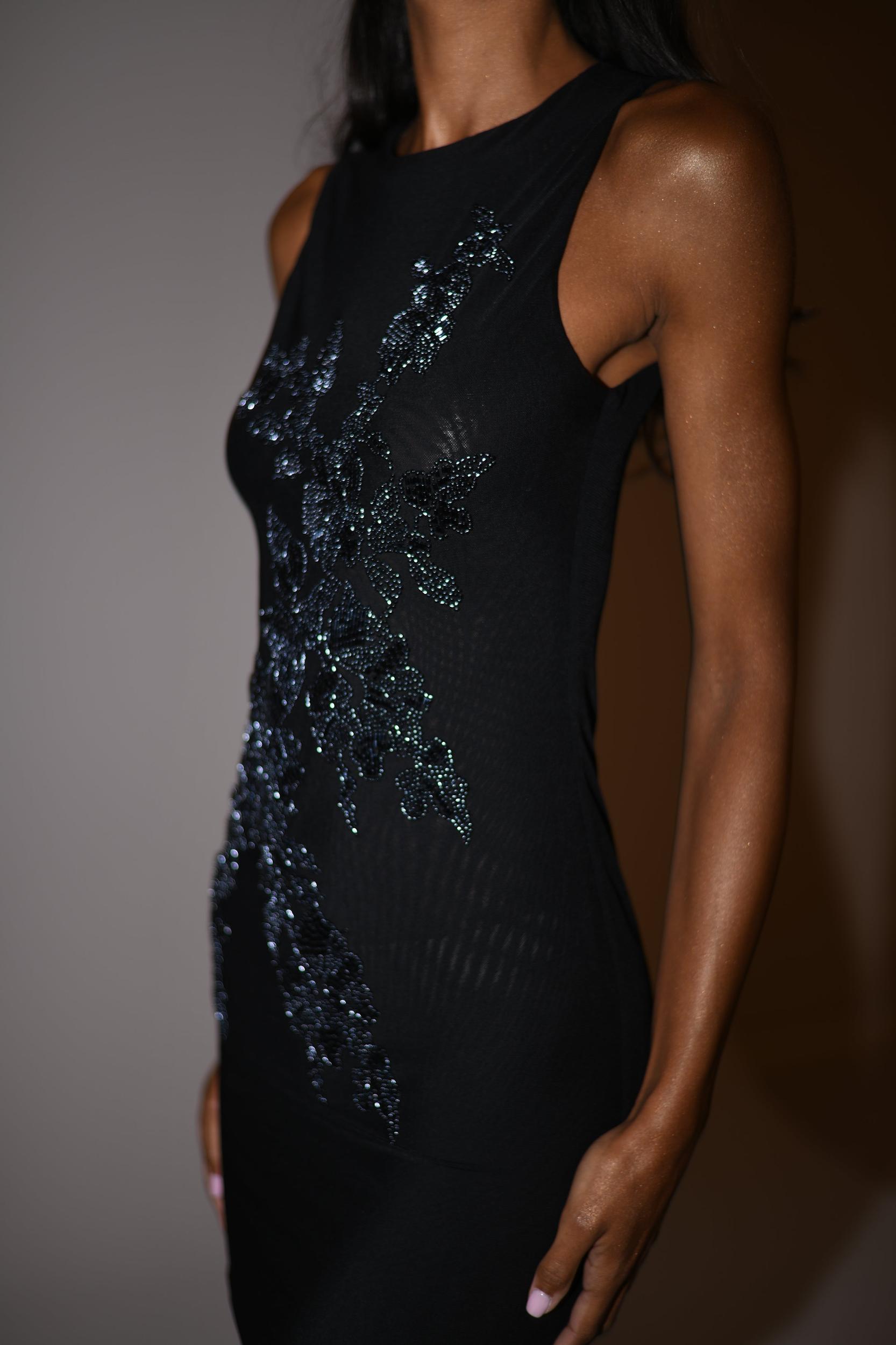 Liliana Beaded Flower Mesh Mini Dress - Black Product Image