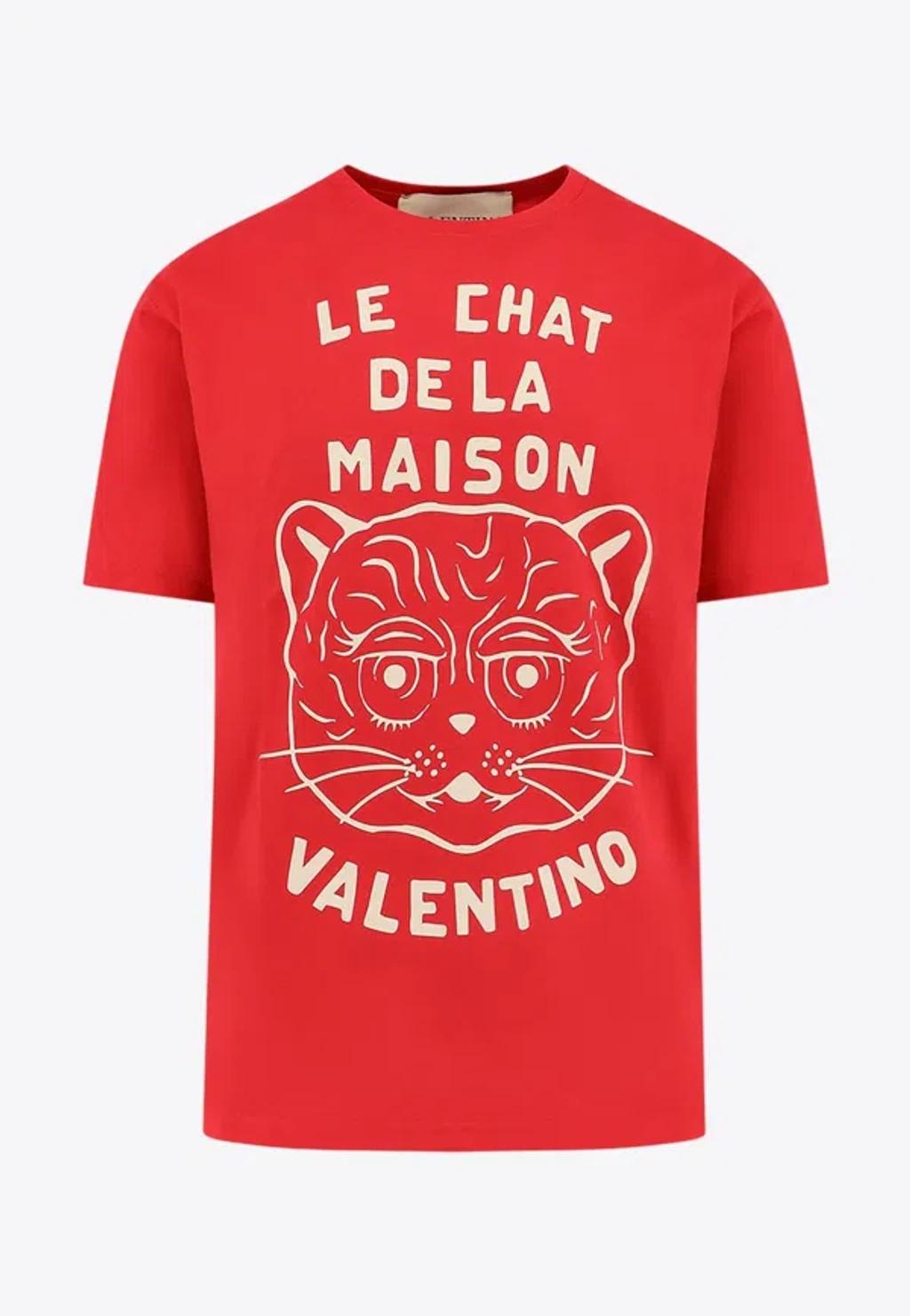 VALENTINO Graphic Print House Cat Crew Neck T-shirt In Red Product Image