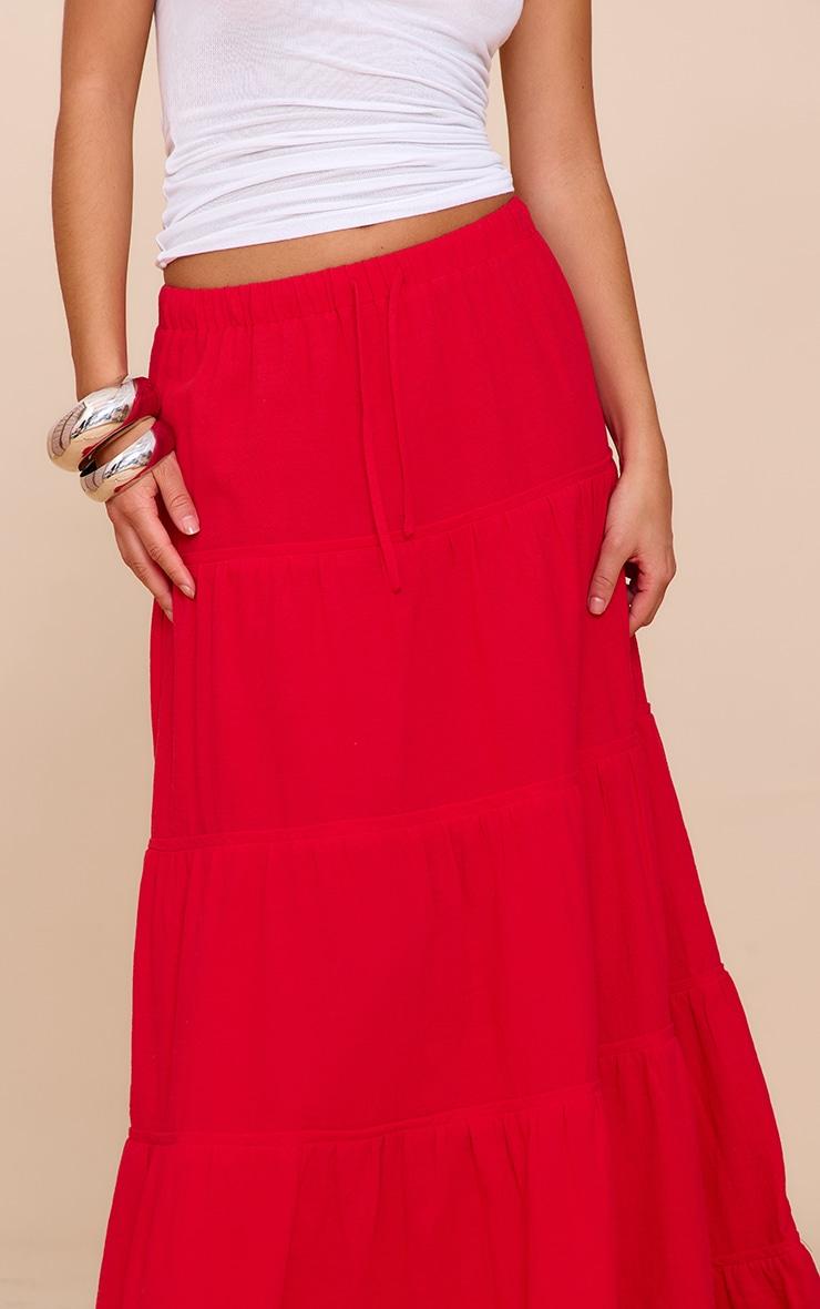 Tomato Red Cotton Tiered Drawstring Waist Maxi Skirt Product Image