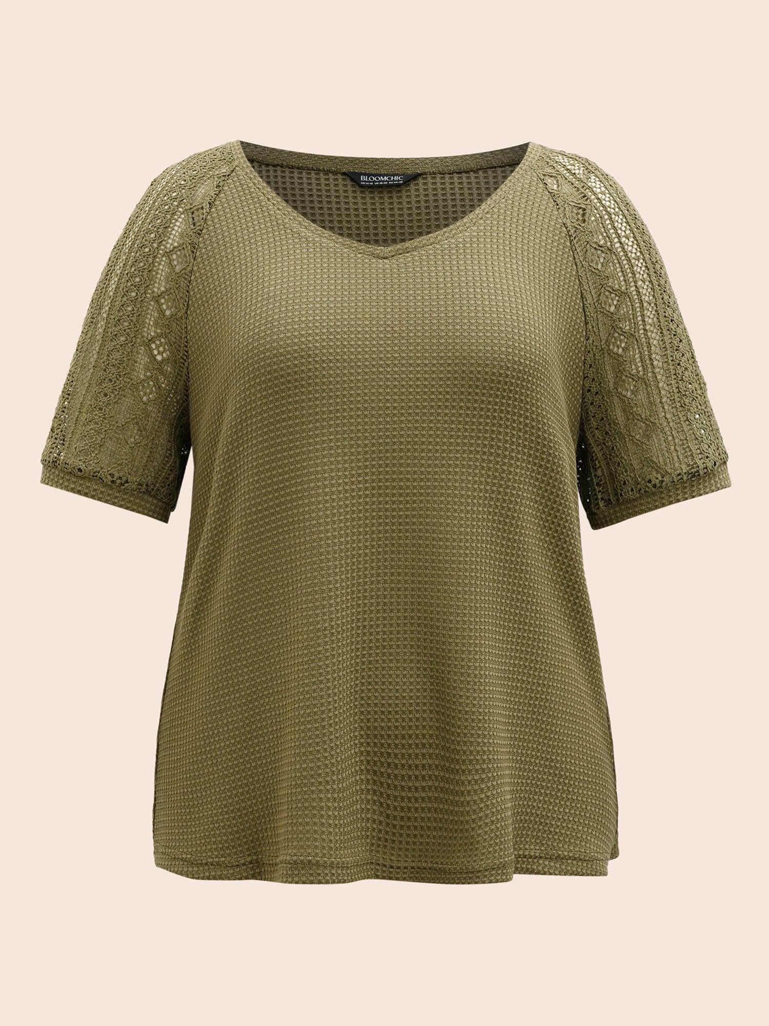 V Neck Waffle Knit Crochet Lace T-shirt Female Product Image